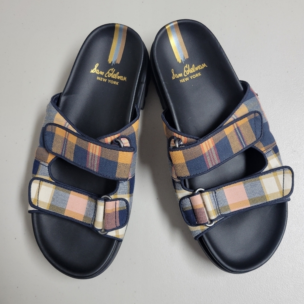 Sam Edelman Navy Plaid Double Buckle Slide Sandals